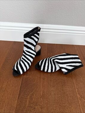 Zebra-Stripe Peep-Toe Sock Boots - Black and White